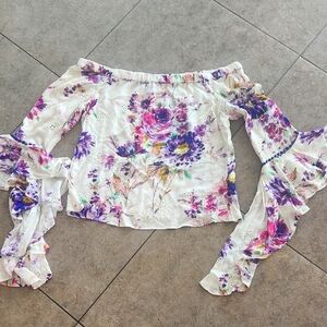 VENUS Floral Off-Shoulder Blouse - White and Purple